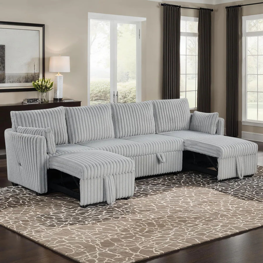 Denholme Faux Fur U-Sectional Sofa Bed with Charging Ports – Light Gray