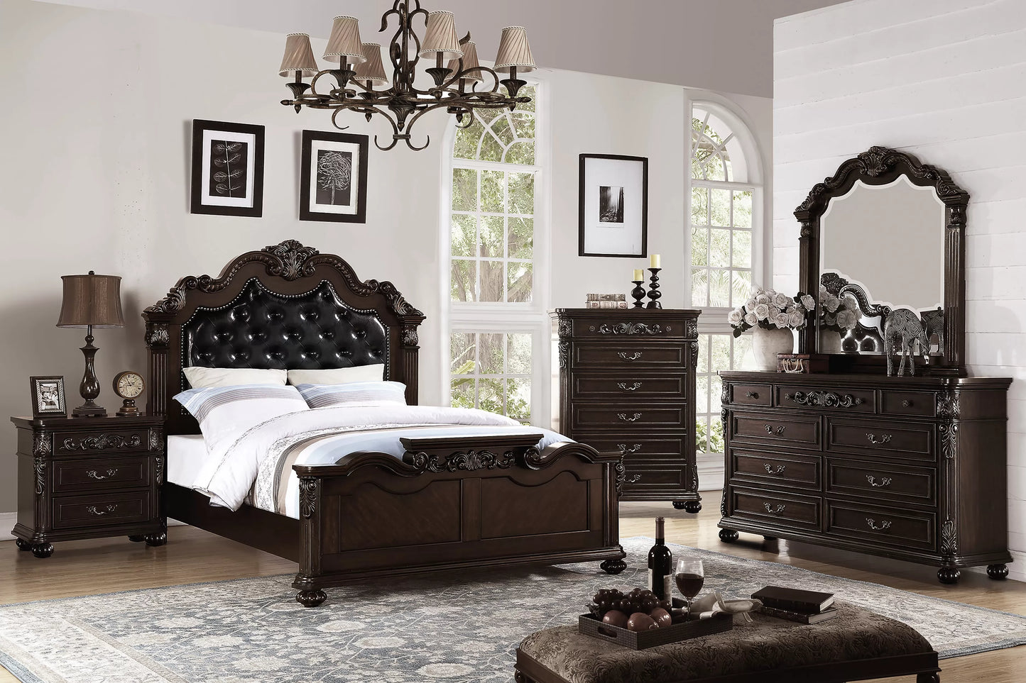 Terrell Traditional Queen Camelback Bed with Padded Headboard - Brown Cherry