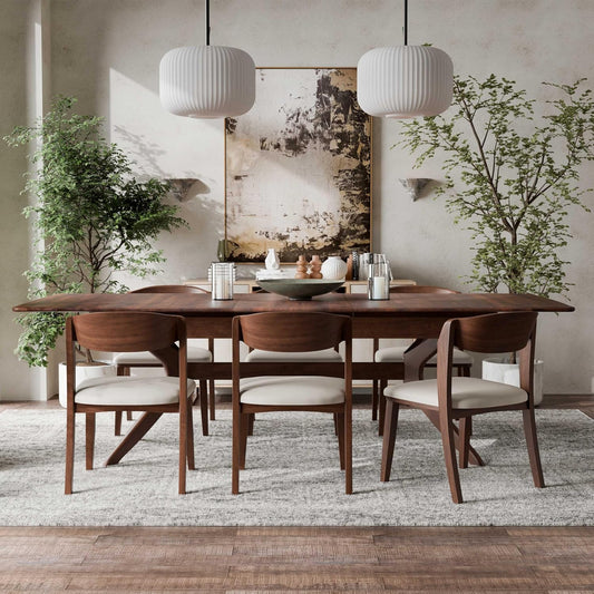 Hadsten II 7-Piece Mid-Century Dining Set – Walnut with Faux Leather Chairs