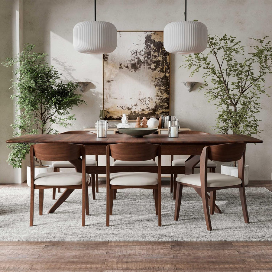 Hadsten II 7-Piece Mid-Century Dining Set – Walnut with Faux Leather Chairs