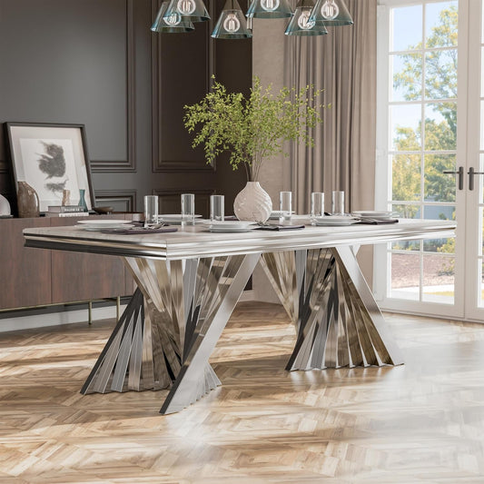 Basilicata 79" 7-Piece White Sintered Stone & Silver Dining Set