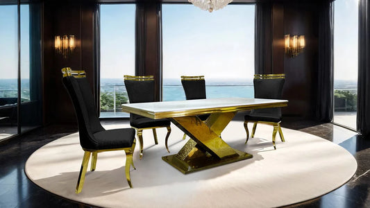 Palazzo 79" 7-Piece White Sintered Stone & Gold Dining Set