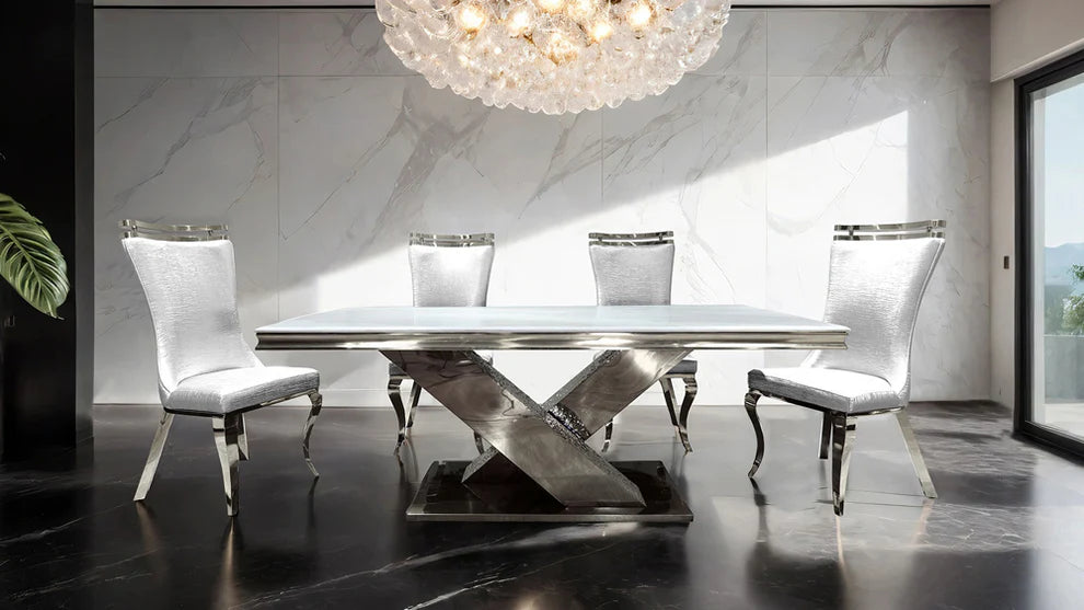 Palazzo 79" 7-Piece White Sintered Stone & Chrome Dining Set - White & Chrome
