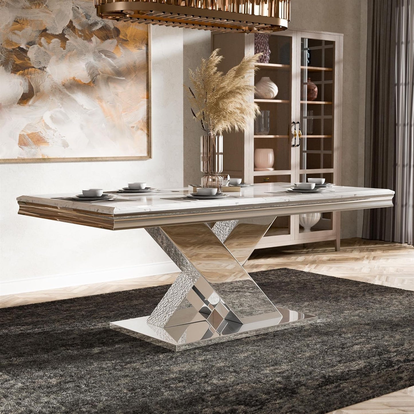 Palazzo 79" 7-Piece White Sintered Stone & Chrome Dining Set - White & Chrome