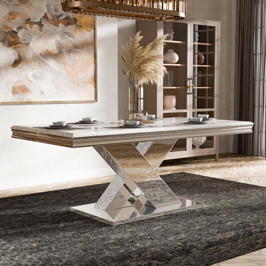 Palazzo 79" 7-Piece White Sintered Stone & Chrome Dining Set - White & Chrome
