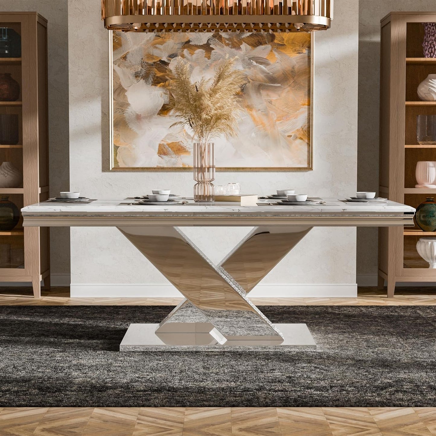 Palazzo 79" 7-Piece White Sintered Stone & Chrome Dining Set - White & Chrome