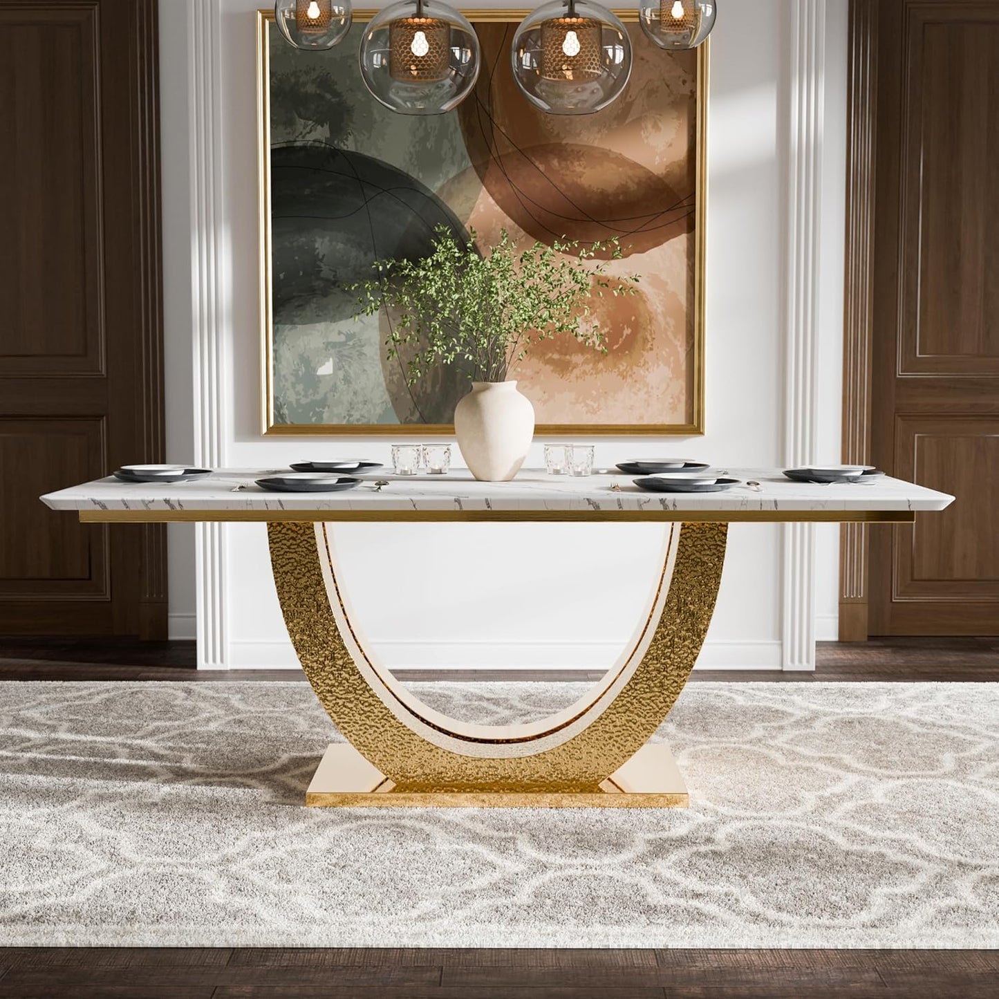 Portanova Horseshoe Shaped Pedestal Base Glam Table - Gold & White