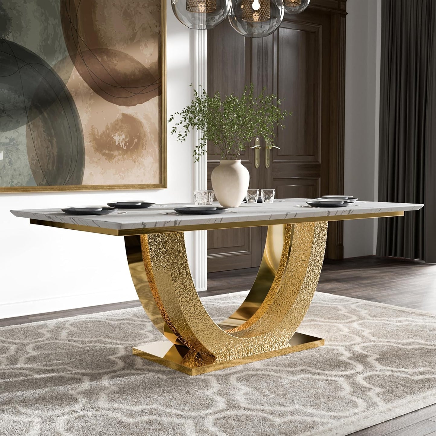 Portanova Horseshoe Shaped Pedestal Base Glam Table - Gold & White