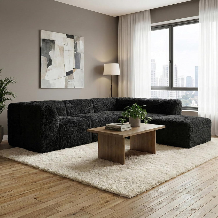 Nappi Modern Faux Fur L-Shape Sectional - Black