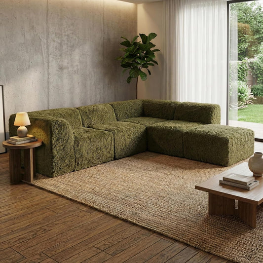 Nappi Modern Faux Fur L-Shape Sectional - Olive Green
