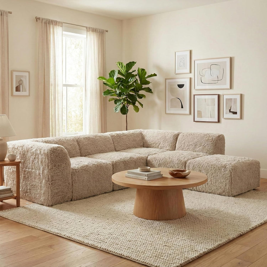 Nappi Modern Faux Fur L-Shape Sectional - Beige
