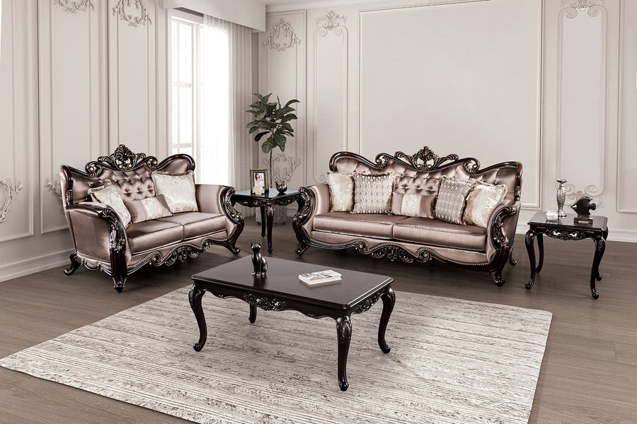 Albacete Traditional Velvet Sofa & Loveseat Set – Dark Cherry & Brown