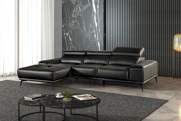 Vadso Modern Leather Sectional Sofa – Adjustable Headrests - Black
