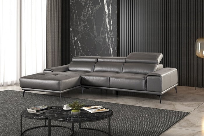 Vadso Modern Leather Sectional Sofa – Adjustable Headrests - Gray