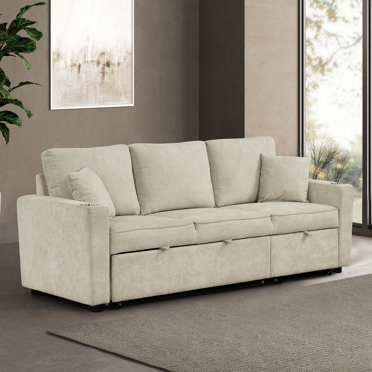 Kendal Contemporary Convertible Sleeper Sectional Sofa – Beige