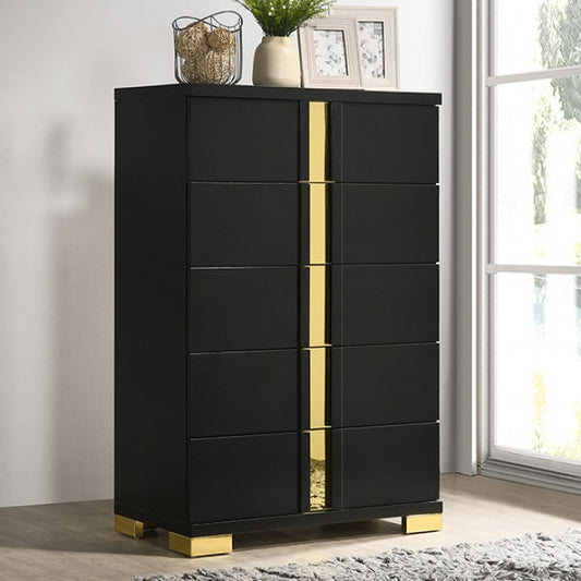 Lillestrom Contemporary 5-Drawer Chest with Gold Accents – Black