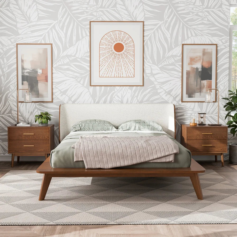 Lenzburg Bed - Mid-Century Modern Full Bed, Walnut/Beige Bouclé
