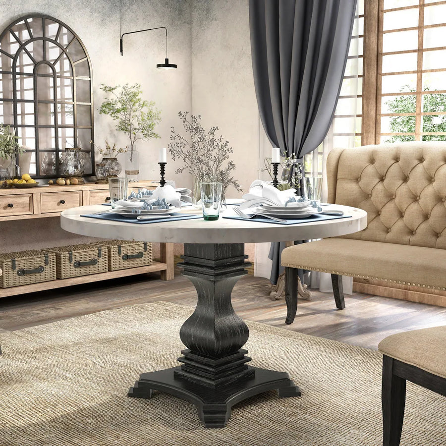 Elfredo Rustic Solid Marble & Wood Dining Table
