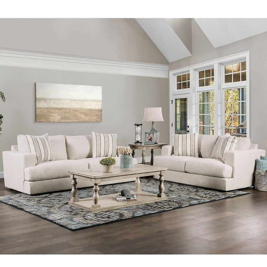 Flintshire Transitional Beige Chenille Track Arm Living Room Set