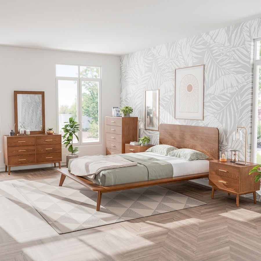 Stathelle Mid-Century Modern Solid Wood Platform Queen Bedroom Set, Walnut