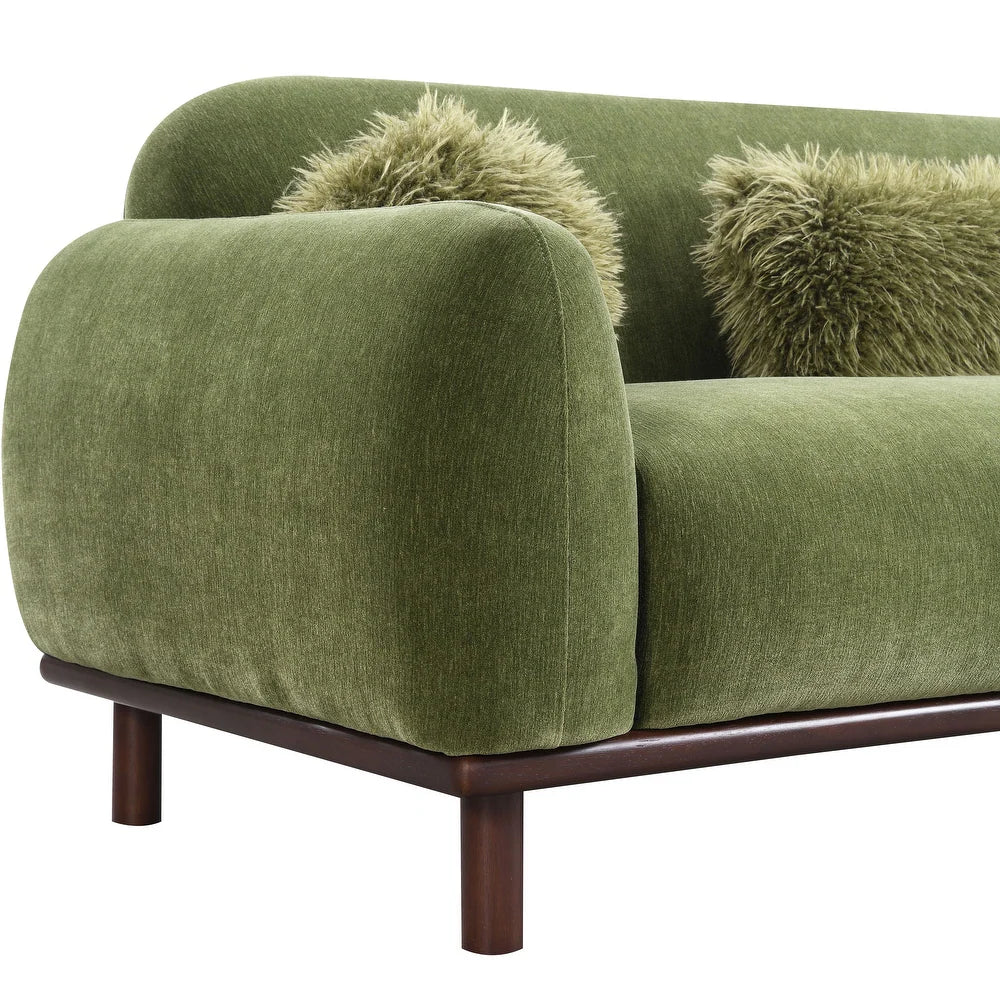Mellone Mid-Century Modern Olive Green Chenille Sofa with Driftwood Base & Faux Fur Pillows – Furniture of America