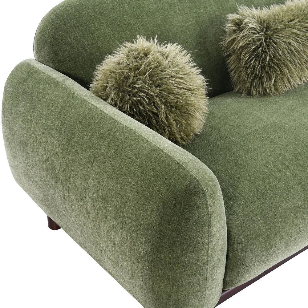 Mellone Mid-Century Modern Olive Green Chenille Sofa with Driftwood Base & Faux Fur Pillows – Furniture of America