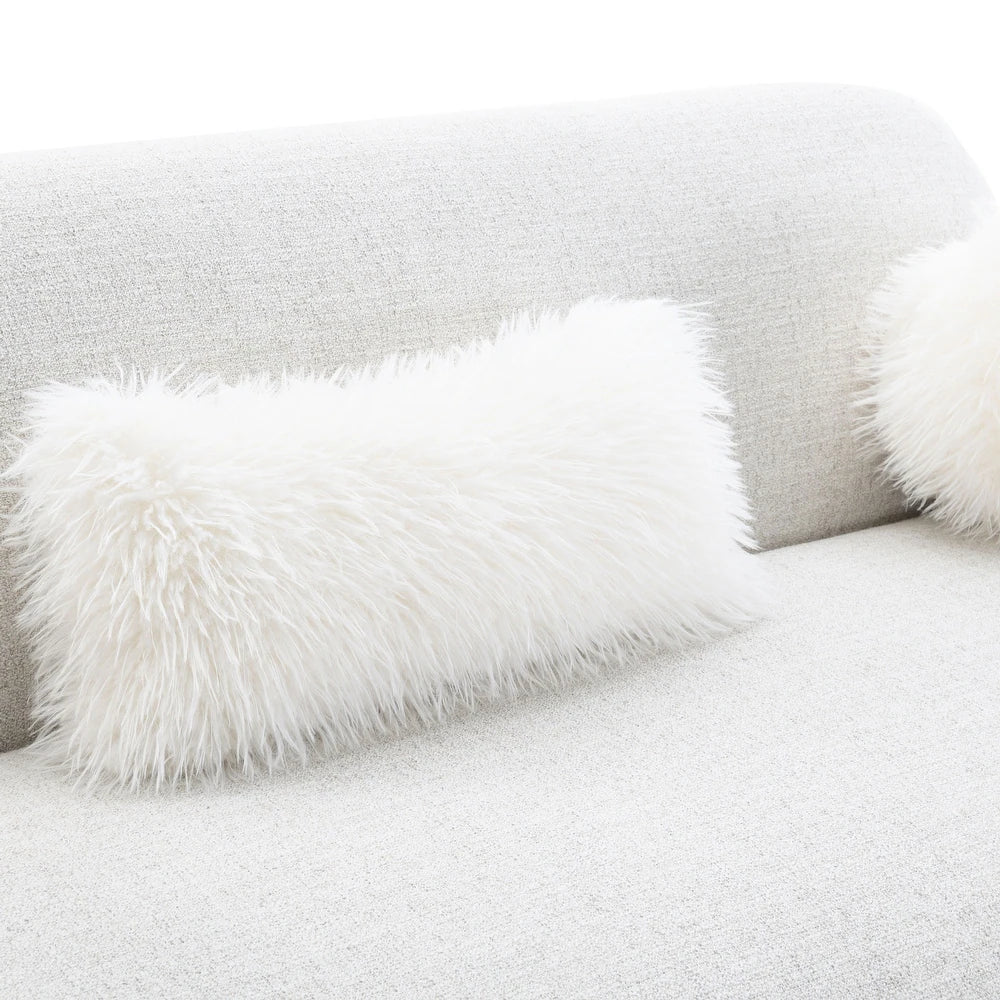 Mellone Mid-Century Modern Oat Chenille Sofa with Driftwood Base & Faux Fur Pillows – Furniture of America