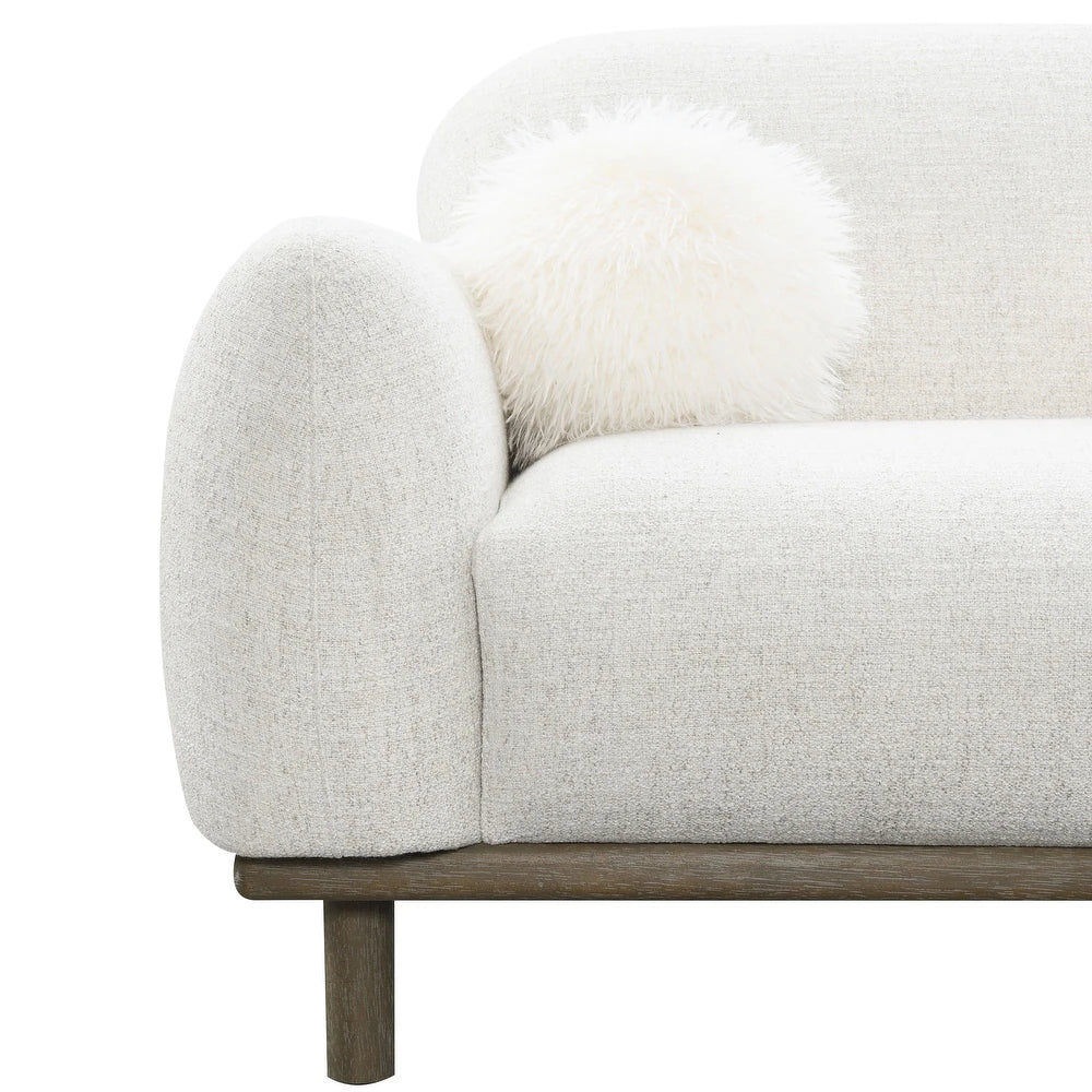 Mellone Mid-Century Modern Oat Chenille Sofa with Driftwood Base & Faux Fur Pillows – Furniture of America