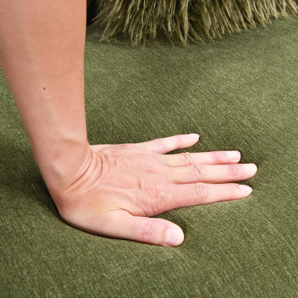 Mellone Mid-Century Modern Olive Green Chenille Sofa with Driftwood Base & Faux Fur Pillows – Furniture of America