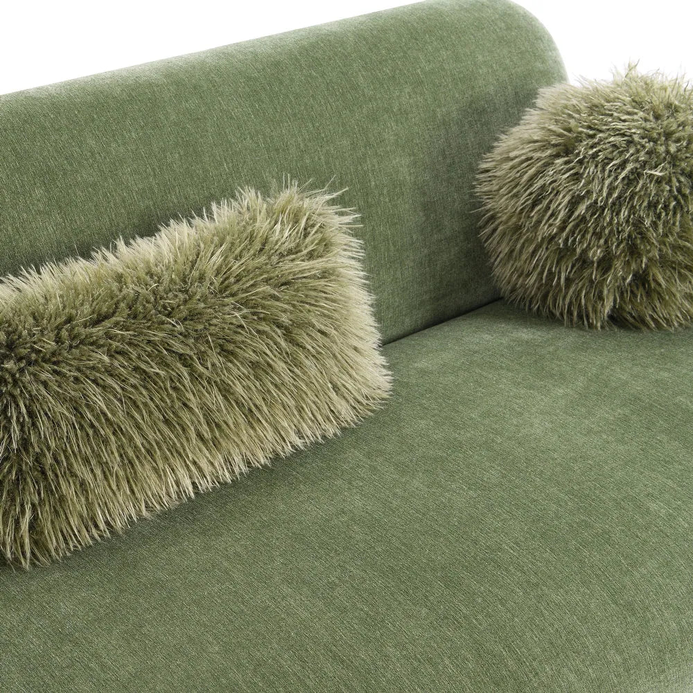 Mellone Mid-Century Modern Olive Green Chenille Sofa with Driftwood Base & Faux Fur Pillows – Furniture of America