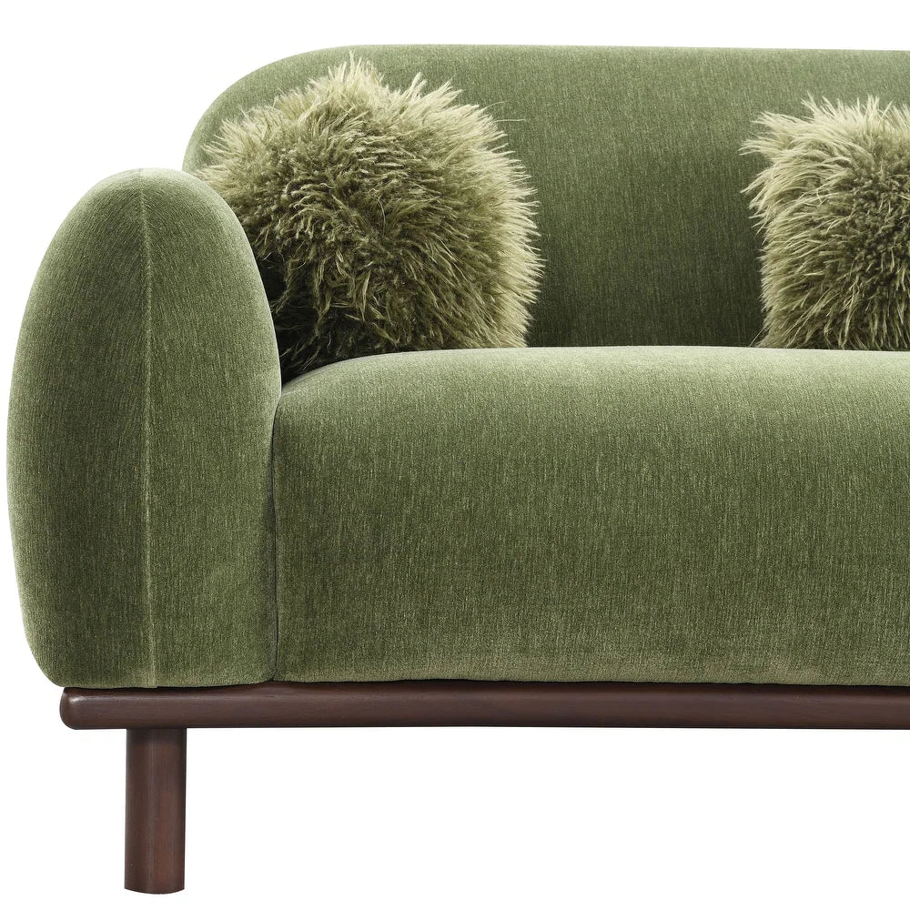 Mellone Mid-Century Modern Olive Green Chenille Sofa with Driftwood Base & Faux Fur Pillows – Furniture of America