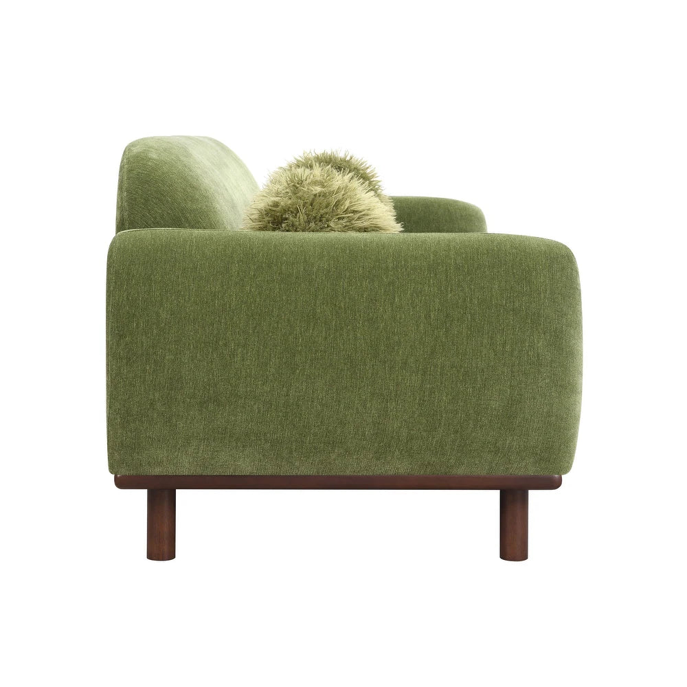 Mellone Mid-Century Modern Olive Green Chenille Sofa with Driftwood Base & Faux Fur Pillows – Furniture of America