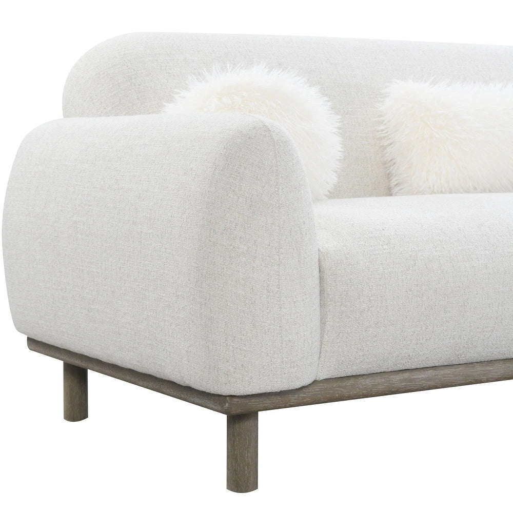 Mellone Mid-Century Modern Oat Chenille Sofa with Driftwood Base & Faux Fur Pillows – Furniture of America