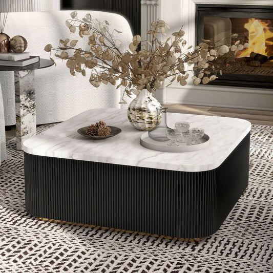 Virden Square Marble & Fluted Pedestal Coffee Table