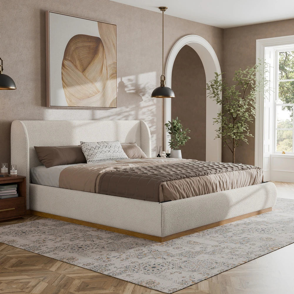 Whitman Contemporary White Boucle & Gold Queen Platform Bed