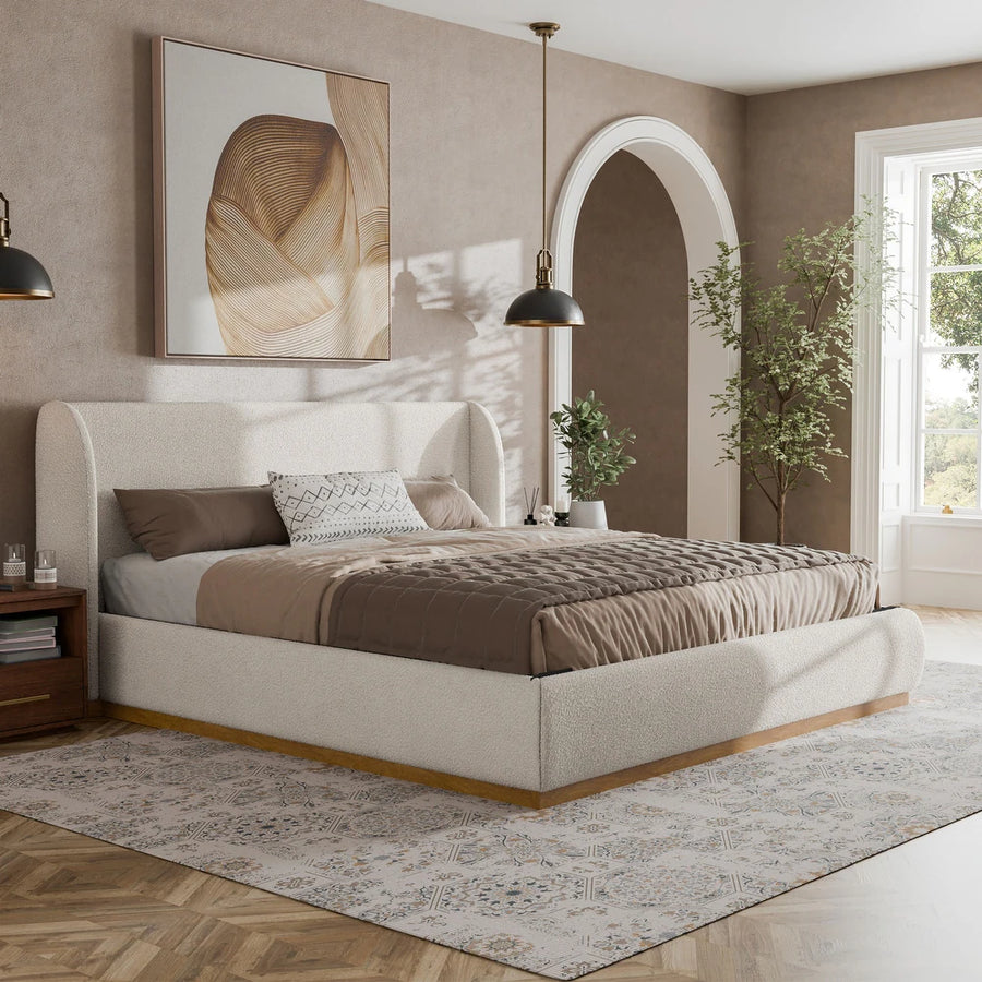 Whitman Contemporary White Boucle & Gold Queen Platform Bed