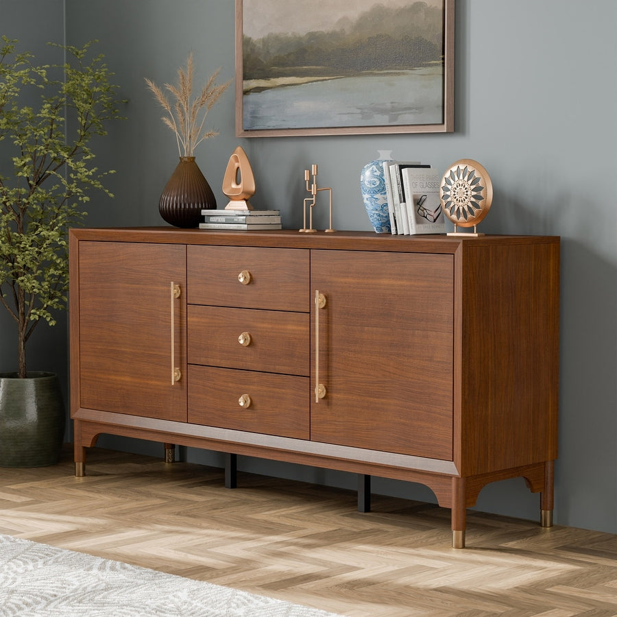 Hepburne Mid-Century Modern Dining Server, Walnut & Gold
