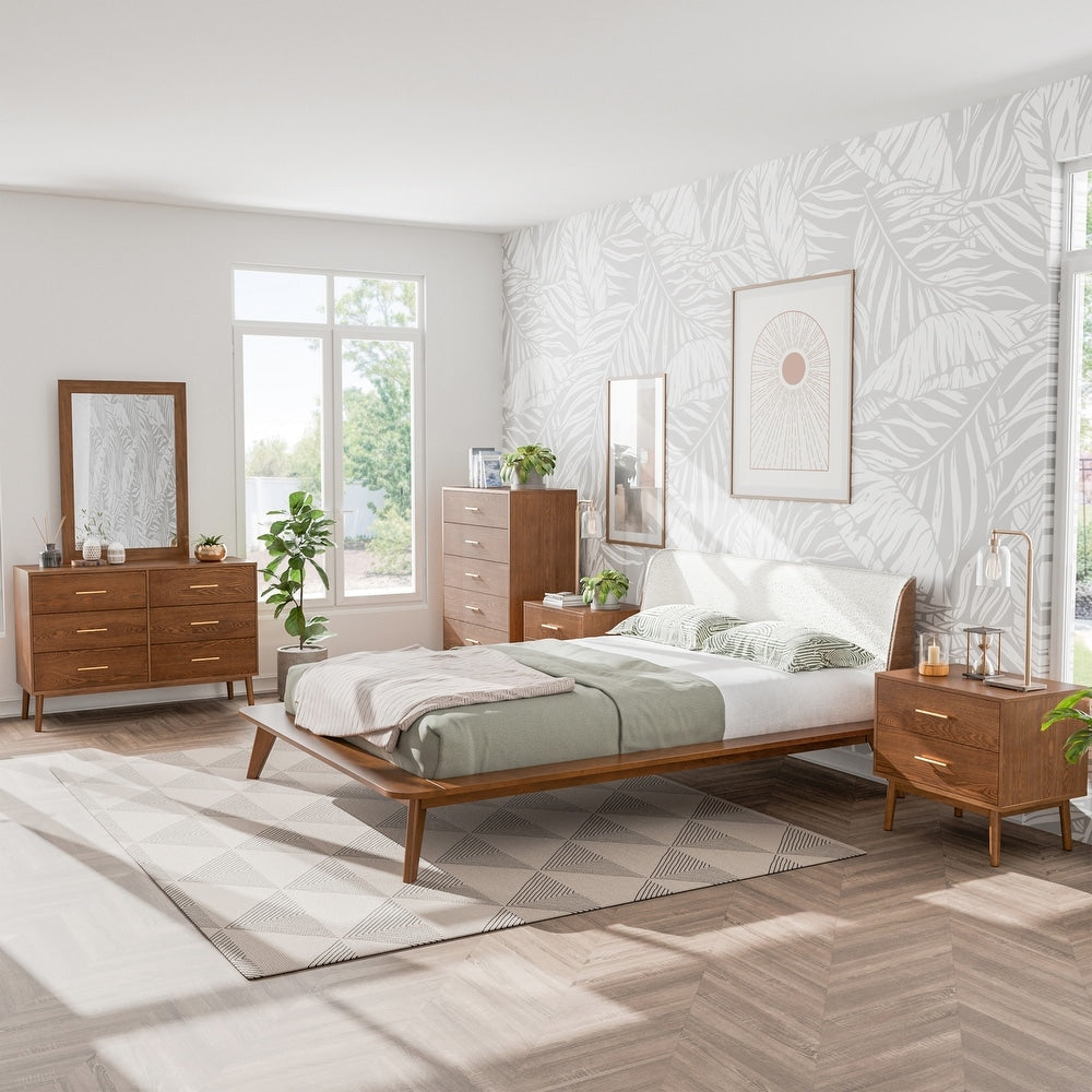 Lenzburg Bed - Mid-Century Modern Full Bed, Walnut/Beige Bouclé