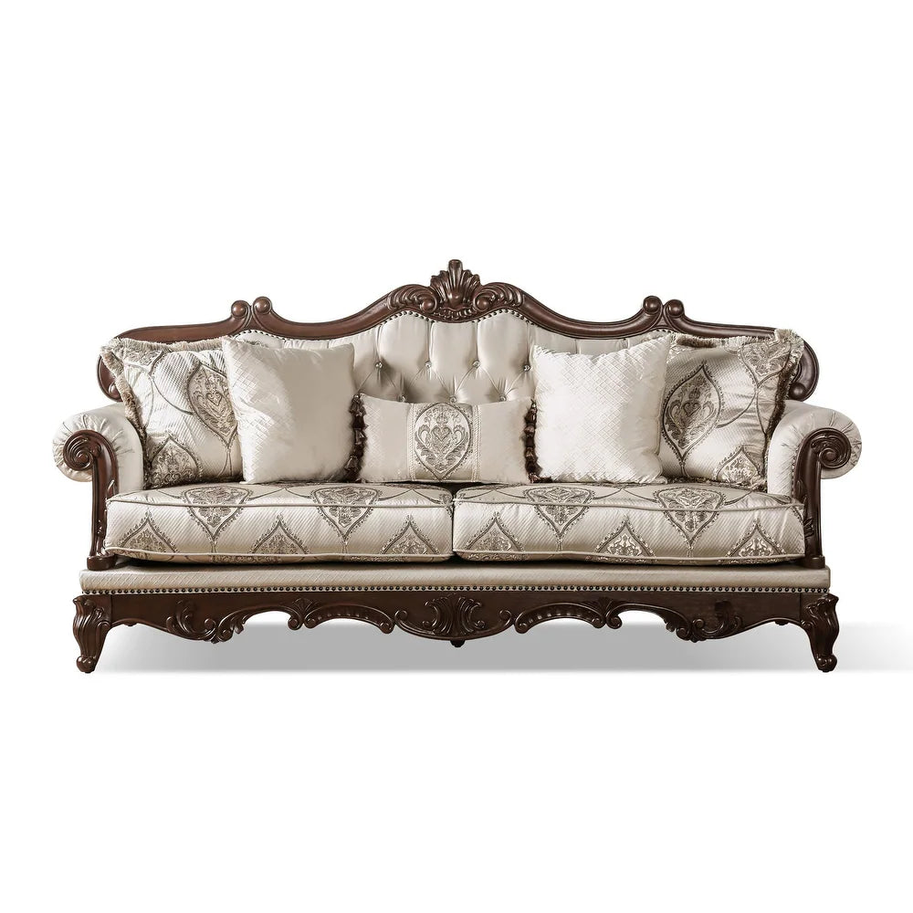 Veracruz Traditional Sofa with Wood Trim - Beige & Dark Cherry