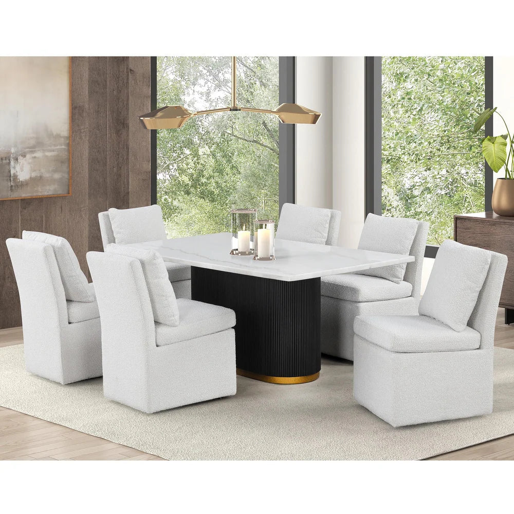 Morges Contemporary 7-Piece Marble Top Dining Set with White Boucle Chairs