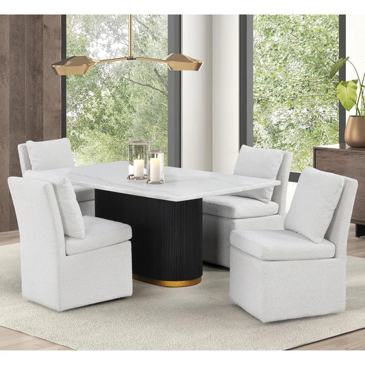 Morges Contemporary 7-Piece Marble Top Dining Set with White Boucle Chairs