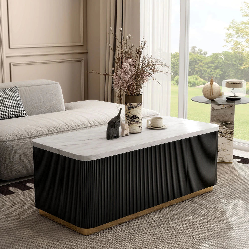 Virden Contemporary Genuine Marble Fluted Rectangular Coffee Table