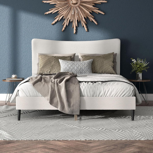 Heswall Mid-Century Modern King Linen Bed with Angled Legs- Beige
