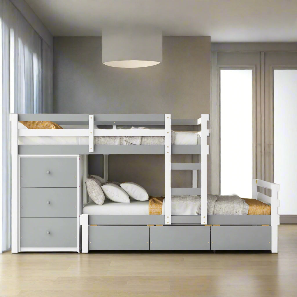 Hughes Twin over Twin Bunk Bed with Drawers and Ladder, Gray