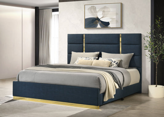 Ines Contemporary Upholstered King Bed with Gold Accents – Navy & White High Gloss