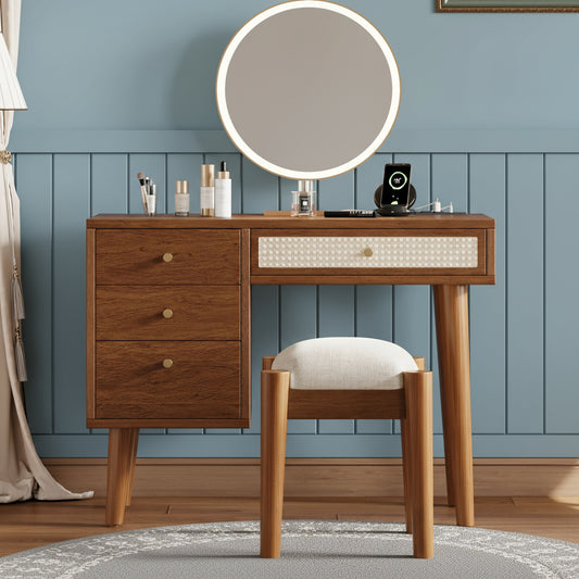 Jolene 39' Retro Bohemian Style Wooden Makeup Vanity Set, Walnut