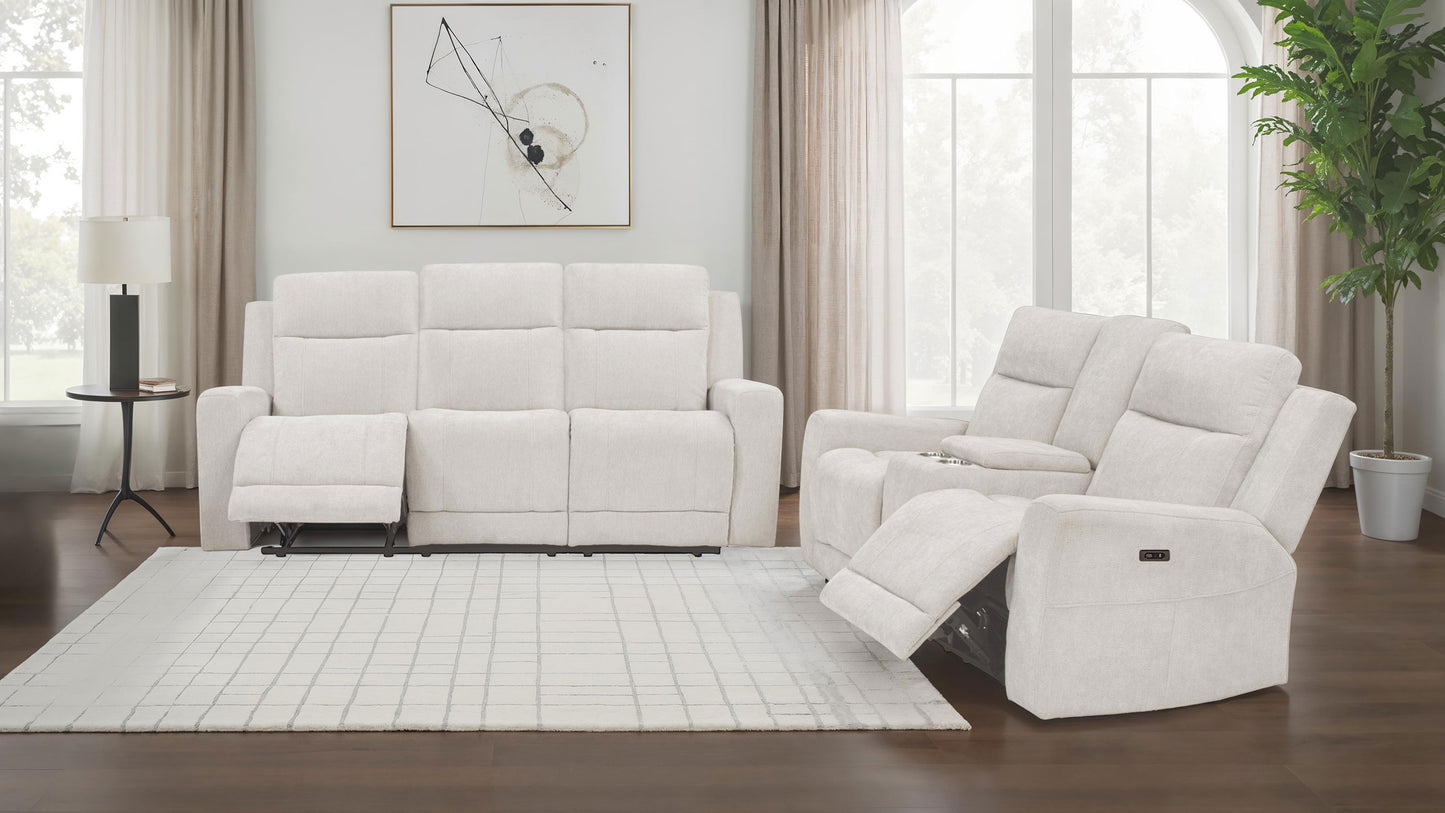 Kennett Ivory Chenille Power Reclining Sofa & Loveseat Set with Console