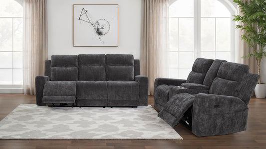 Kennett Dark Gray Chenille Power Reclining Sofa & Loveseat Set with Console