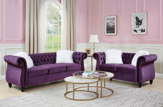 Thotton Traditional Flared Arm Sofa Set in Purple Velvet