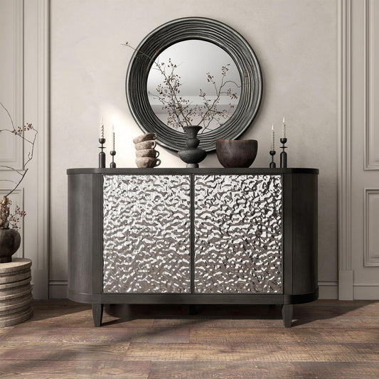 Sterling Modern Dining Server in Wire Brush Ash Gray with Dented Stainless Steel
